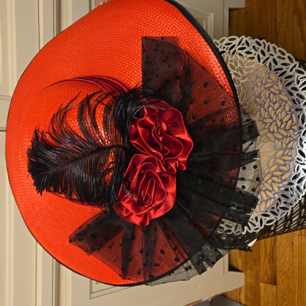 Fancy Decorated Red Straw Hat - image 4